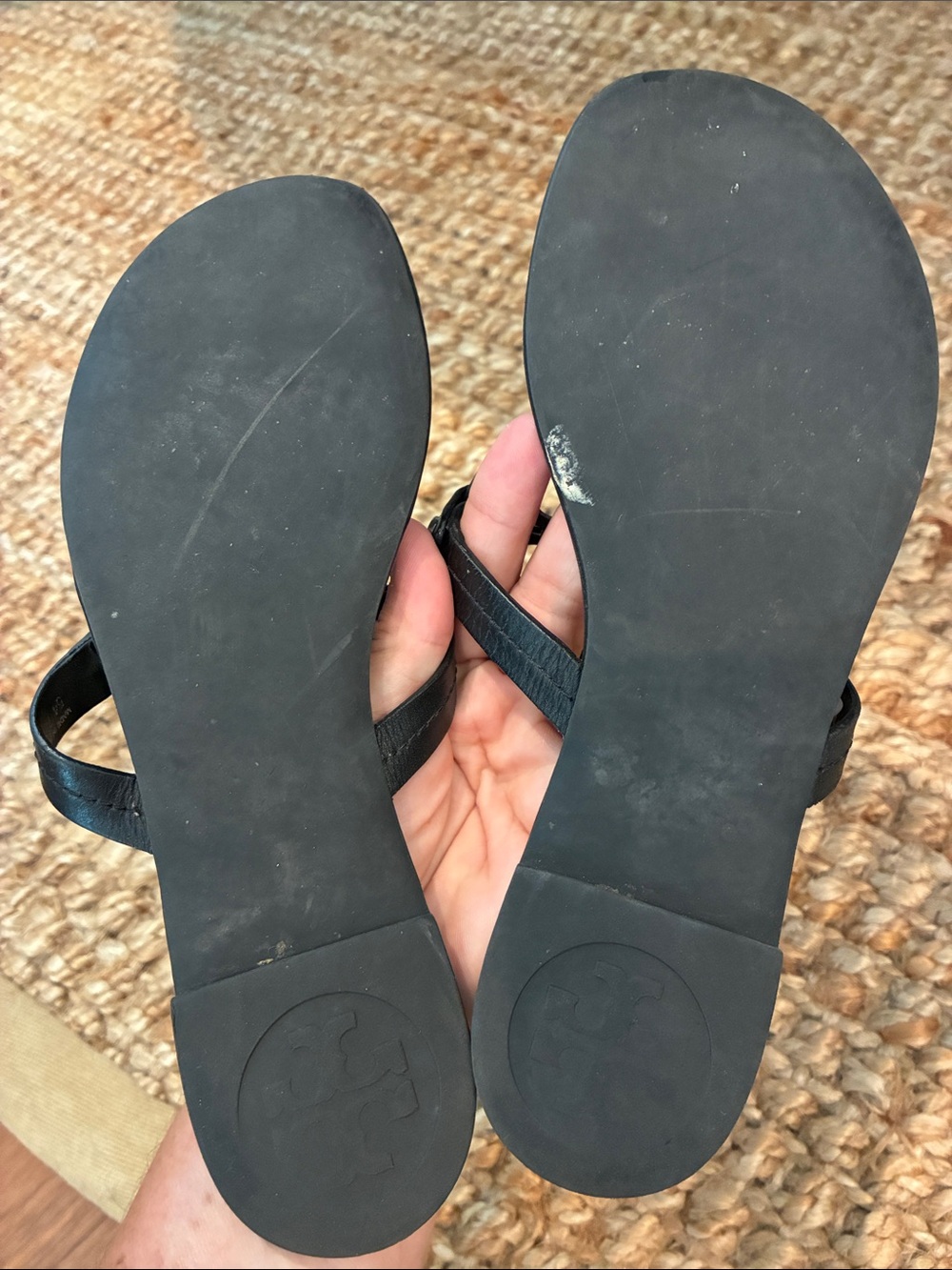 Tory Burch Black Sandals with Silver-Tone Logo Medallions - Picture 5 of 9